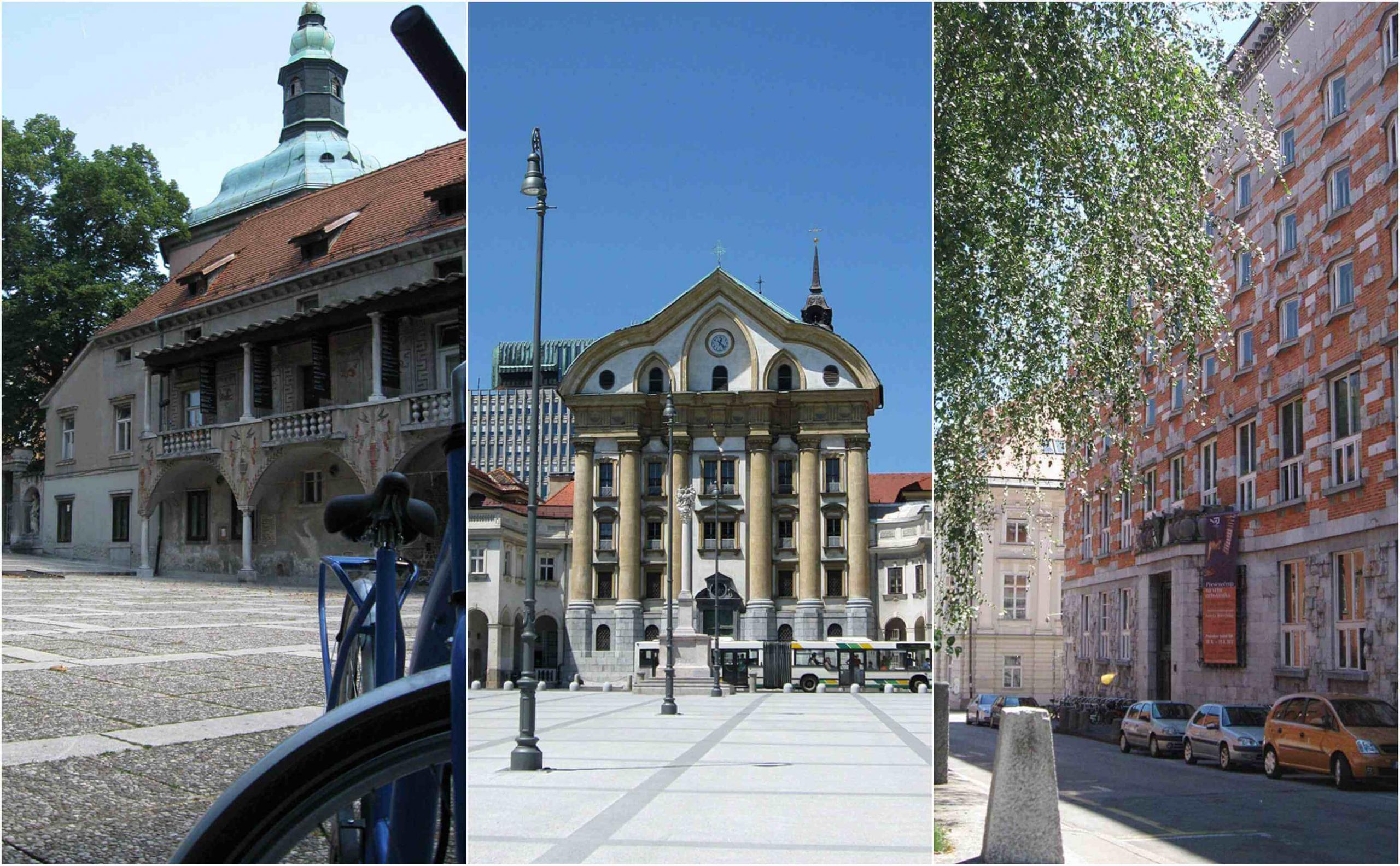 Visit Ljubljana architecture diversity: Križanke Outdoor Theatre, Ursuline Church of the Holy Trinity, National and University Library.